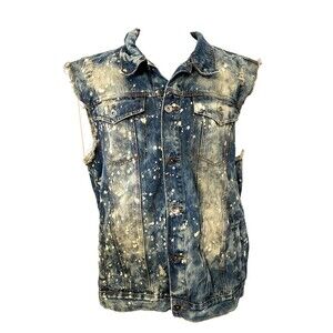Diamond Stash Distressed Denim Vest Men's 4X Acid Wash  Splatter Grunge Biker